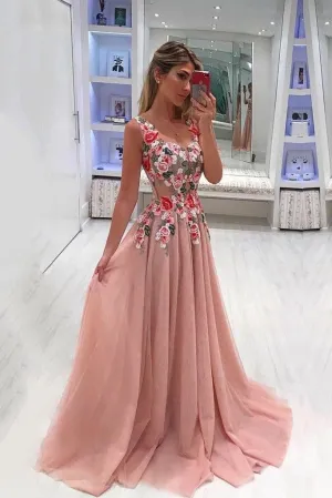 A Line Broad Straps Floral Appliqued Prom Dress Tulle Evening Dresses TN158
