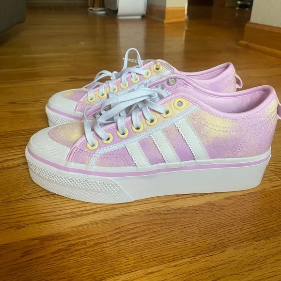 Adidas Originals Nizza Platform Lilac Pink and Yellow Watercolor Sneaker Shoes
