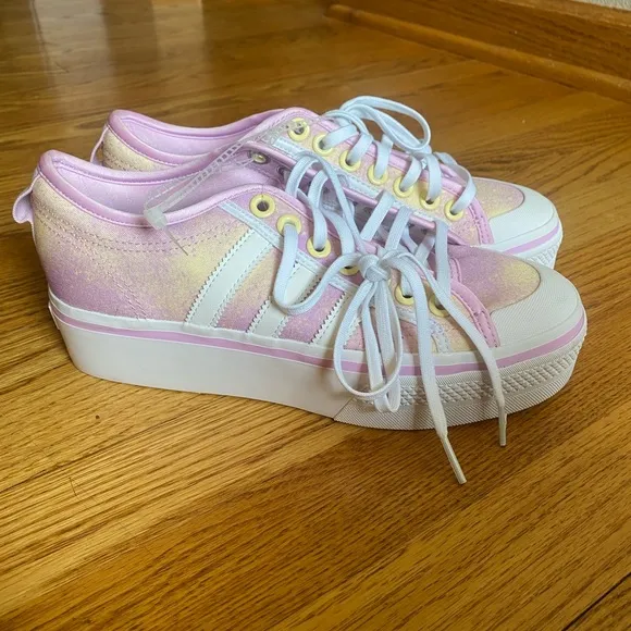 Adidas Originals Nizza Platform Lilac Pink and Yellow Watercolor Sneaker Shoes