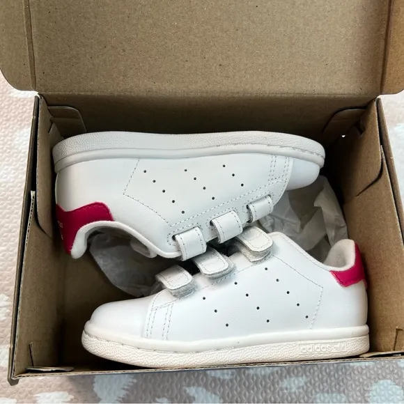 Adidas Stan Smith Kids White and Pink Sneakers Shoes For Girls 7K