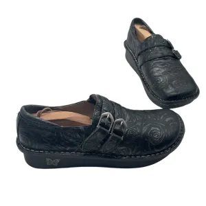 Alegria Alli Black Leather Floral Slide On Slip Resistant Comfort Nurse Clog