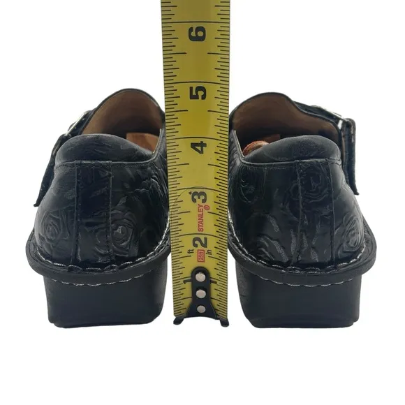 Alegria Alli Black Leather Floral Slide On Slip Resistant Comfort Nurse Clog