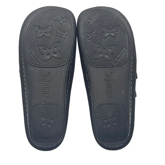 Alegria Alli Black Leather Floral Slide On Slip Resistant Comfort Nurse Clog