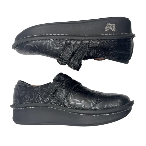 Alegria Alli Black Leather Floral Slide On Slip Resistant Comfort Nurse Clog