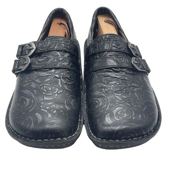 Alegria Alli Black Leather Floral Slide On Slip Resistant Comfort Nurse Clog