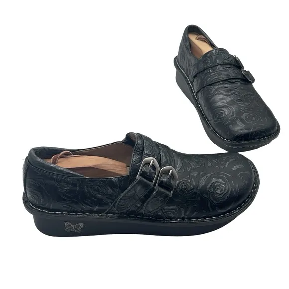 Alegria Alli Black Leather Floral Slide On Slip Resistant Comfort Nurse Clog
