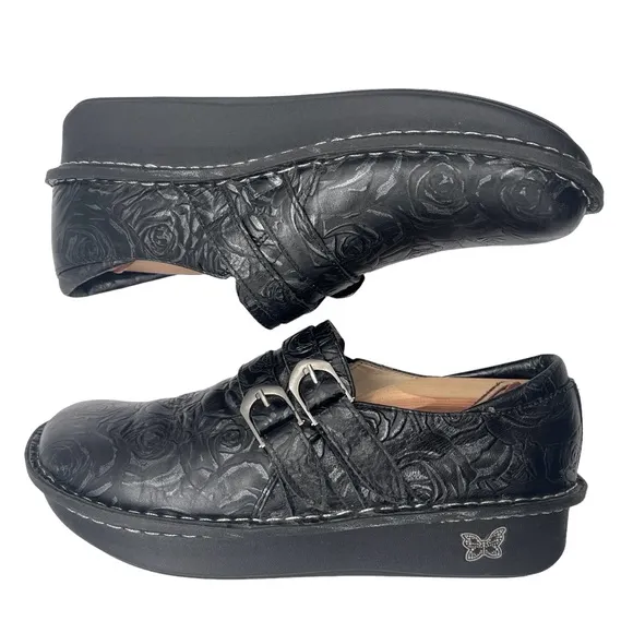 Alegria Alli Black Leather Floral Slide On Slip Resistant Comfort Nurse Clog