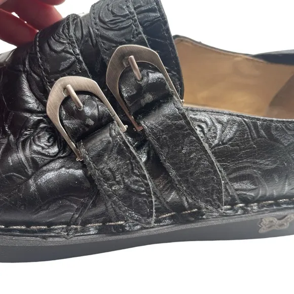 Alegria Alli Black Leather Floral Slide On Slip Resistant Comfort Nurse Clog