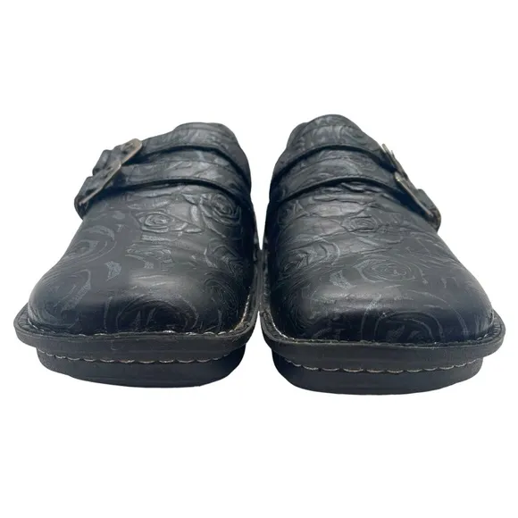 Alegria Alli Black Leather Floral Slide On Slip Resistant Comfort Nurse Clog