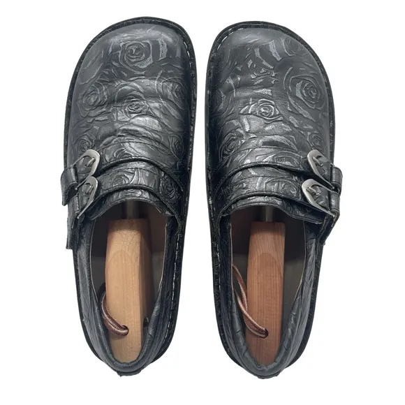 Alegria Alli Black Leather Floral Slide On Slip Resistant Comfort Nurse Clog