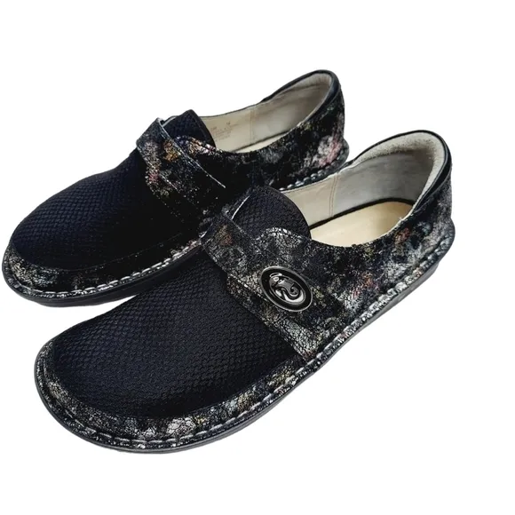 Alegria Brenna Romantical Metallic Floral Leather Black Womens US 7.5 EUR 38 NEW