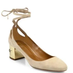 Aquazzura Trinity Pump 50 stars - nude pump with gold heel and ankle tie sz 37