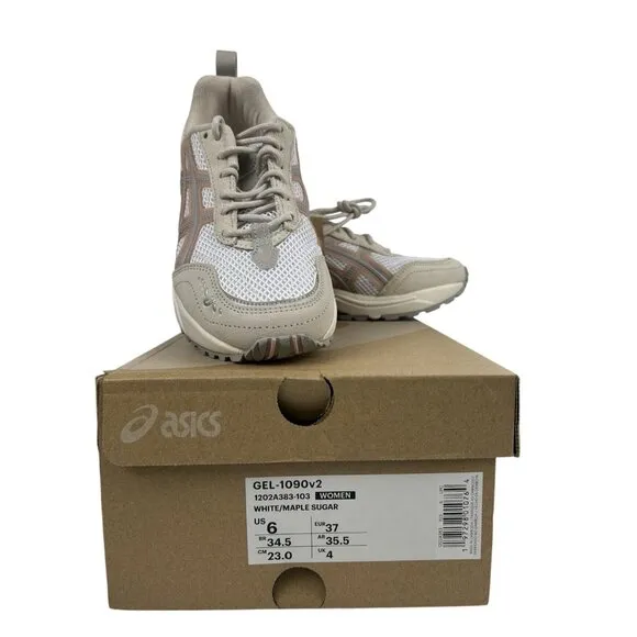 Asics Gel 1090 V2 Womens Trainers Asics  Running Gym Shoes White/Maple Sugar 6