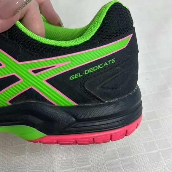 ASICS Gel-Dedicate 4 Tennis Shoes Black/Pink/Lime Green Women's size 8