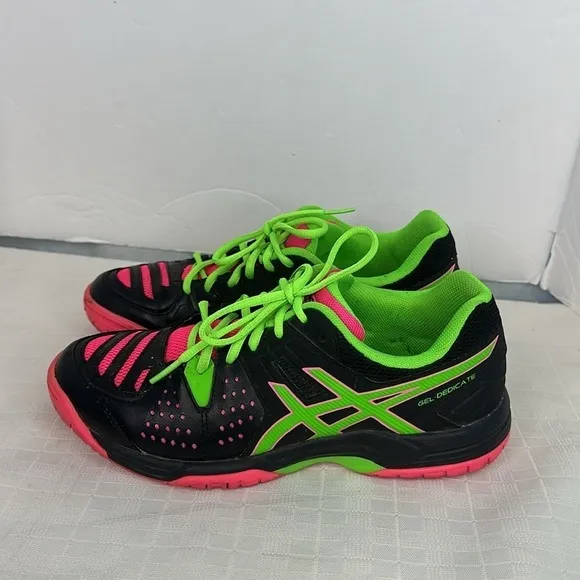 ASICS Gel-Dedicate 4 Tennis Shoes Black/Pink/Lime Green Women's size 8