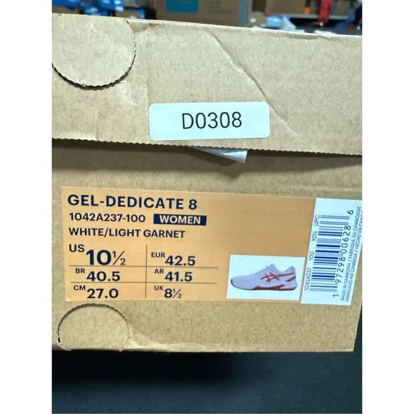 Asics Gel Dedicate 8 White Light Garnet Court Shoes Sneakers 10.5
