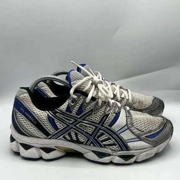 Asics Gel-Nimbus 12 Mens Size 9W Silver/Blue/White Running Shoes Sneakers T046N