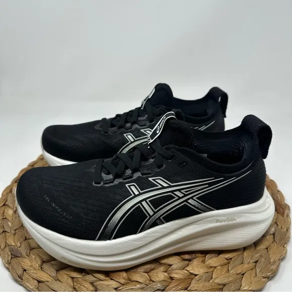 ASICS Gel Nimbus 27 Running Shoes Black Lake Grey White Size 6.5 WIDE Women's