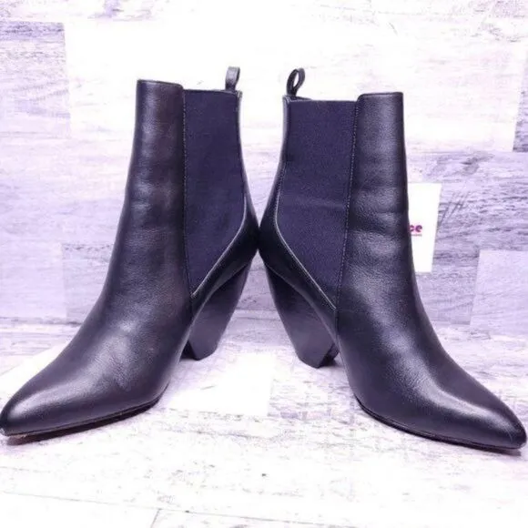 Aska Cone Heeled Pointed Pull on Leather Chelsea Boot Black sz 38 Women's sz 8