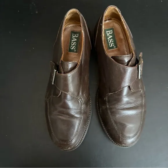 BASS Monk Strap Moc Toe Leather Upper Rubber Sole Cushioned Insole Italy 10 Wide
