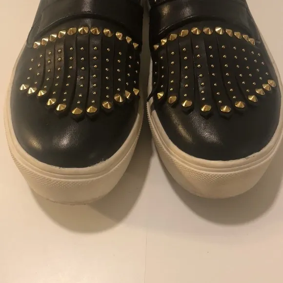 BCBG MAXAZRIA Dita slip on platform studded shoes in black gold cow leather