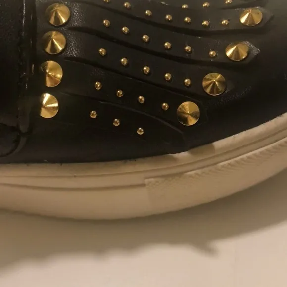 BCBG MAXAZRIA Dita slip on platform studded shoes in black gold cow leather