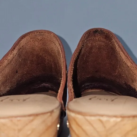 Beek Woodpecker Heeled Mule Clog Studded Wood Brown Tan Leather Size 10