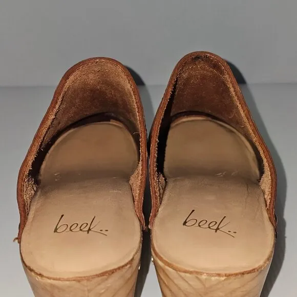 Beek Woodpecker Heeled Mule Clog Studded Wood Brown Tan Leather Size 10