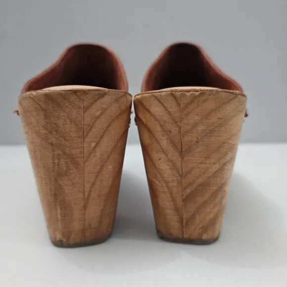 Beek Woodpecker Heeled Mule Clog Studded Wood Brown Tan Leather Size 10