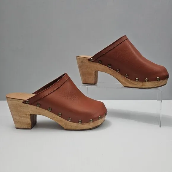 Beek Woodpecker Heeled Mule Clog Studded Wood Brown Tan Leather Size 10