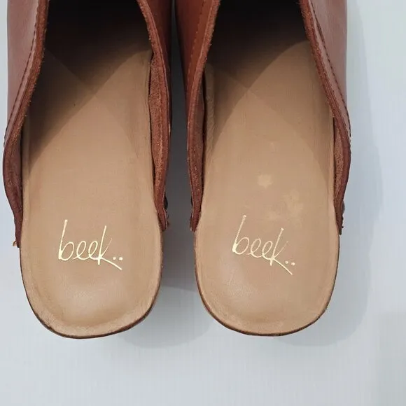 Beek Woodpecker Heeled Mule Clog Studded Wood Brown Tan Leather Size 10