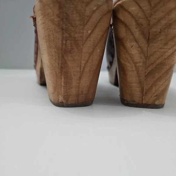 Beek Woodpecker Heeled Mule Clog Studded Wood Brown Tan Leather Size 10