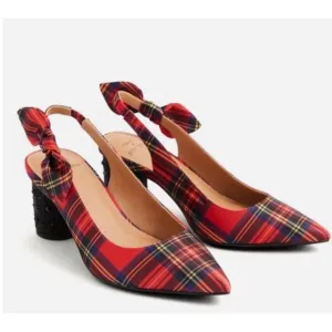 Betsey Johnson Red Plaid Cylinder Heel Holiday Shoes With a Bow 8 Wide