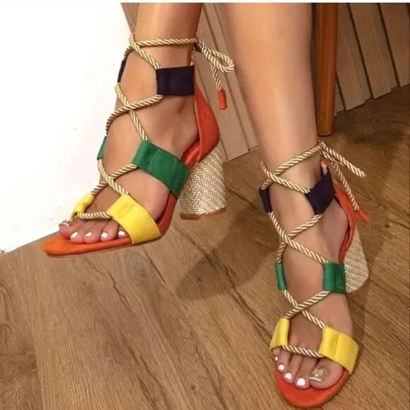 boho colorful open toe heels