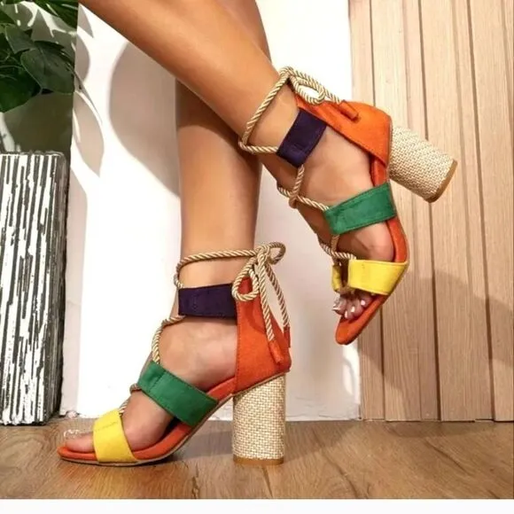 boho colorful open toe heels