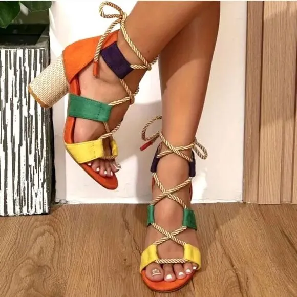 boho colorful open toe heels