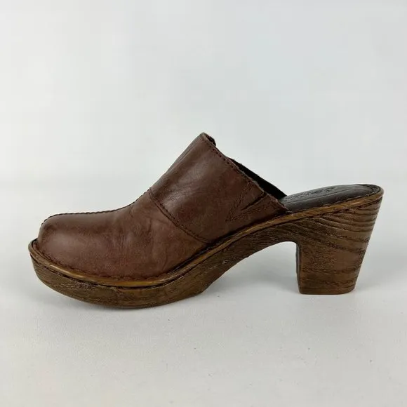 Born Gama Womens Brown Clogs Mules Leather Buckle Platform Comfort Shoes size 6