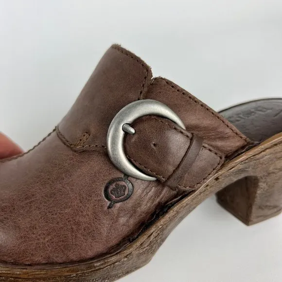 Born Gama Womens Brown Clogs Mules Leather Buckle Platform Comfort Shoes size 6