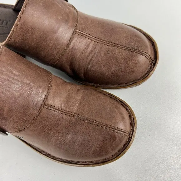 Born Gama Womens Brown Clogs Mules Leather Buckle Platform Comfort Shoes size 6