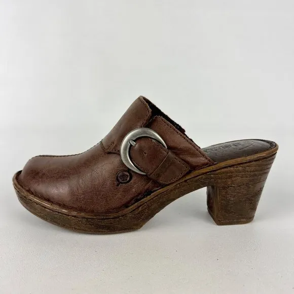 Born Gama Womens Brown Clogs Mules Leather Buckle Platform Comfort Shoes size 6