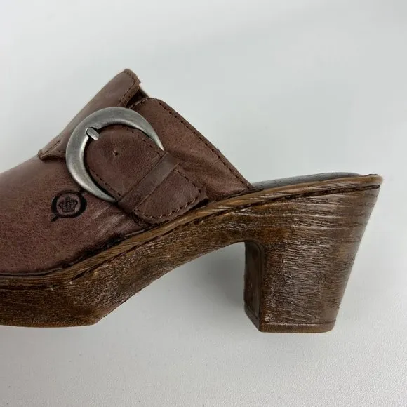 Born Gama Womens Brown Clogs Mules Leather Buckle Platform Comfort Shoes size 6