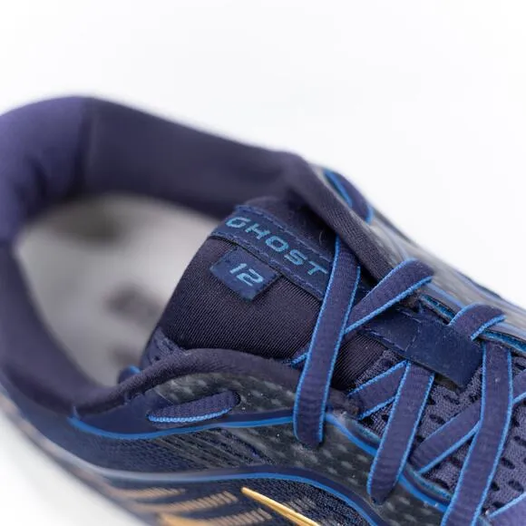 BROOKS Ghost 12 Athletic Running Shoes Sneakers Navy Blue Gold Mens 12 Wide 2E