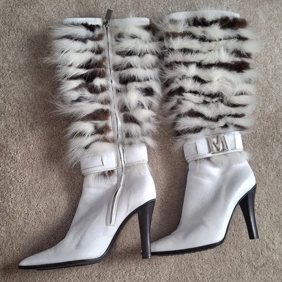 Bruno Magli Women's White Leather Fur Knee Boots Shoes Size 37 Italy