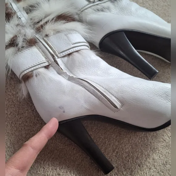Bruno Magli Women's White Leather Fur Knee Boots Shoes Size 37 Italy