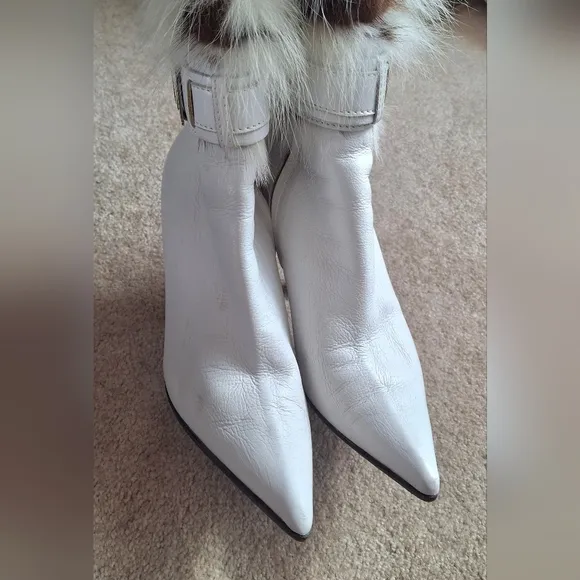 Bruno Magli Women's White Leather Fur Knee Boots Shoes Size 37 Italy