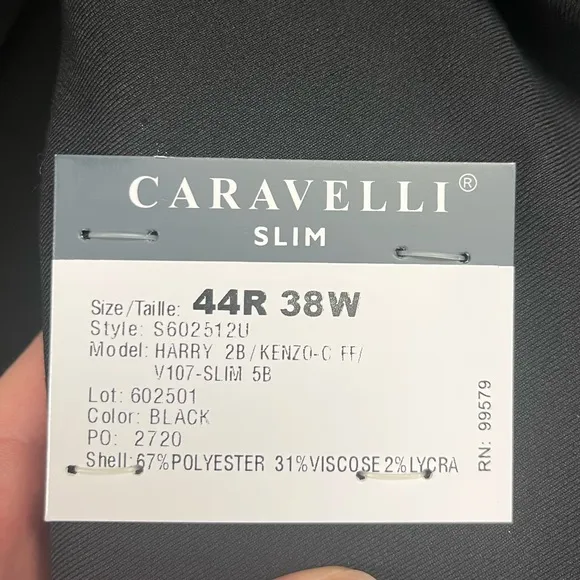 Caravelli Slim Fit 3 Piece Suit In Black 44Rx38W