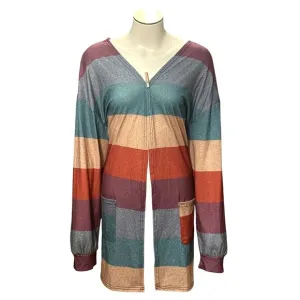 CCC Colorful Striped Cardigan With Front Pockets Lightweight Stretch Open Front