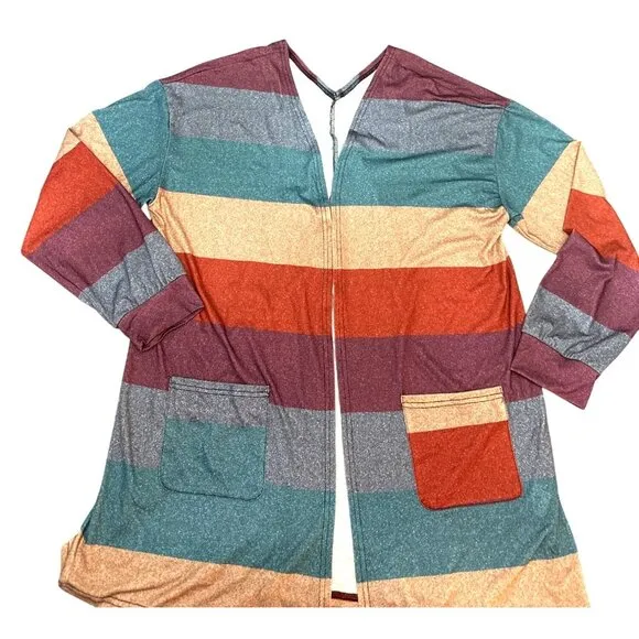CCC Colorful Striped Cardigan With Front Pockets Lightweight Stretch Open Front