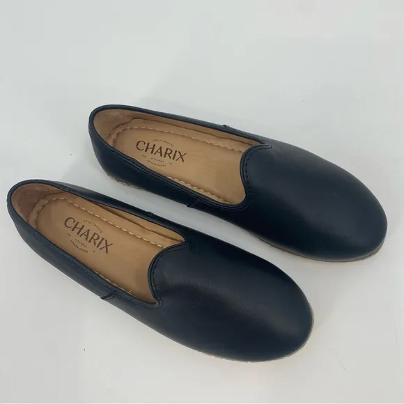 Charix Black Leather Slip On Loafer Flats Size 38