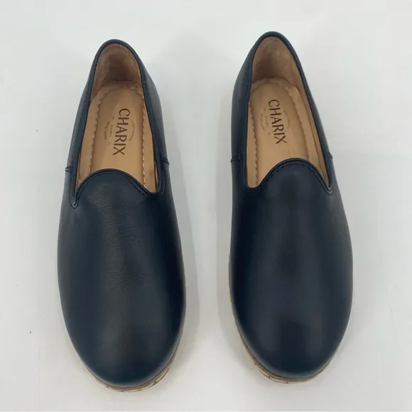 Charix Black Leather Slip On Loafer Flats Size 38